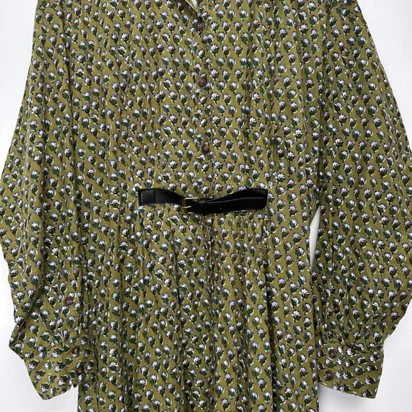 NWT By Anthropologie Belted Corduroy Long Sleeve Midi Shirt Dress Green 12